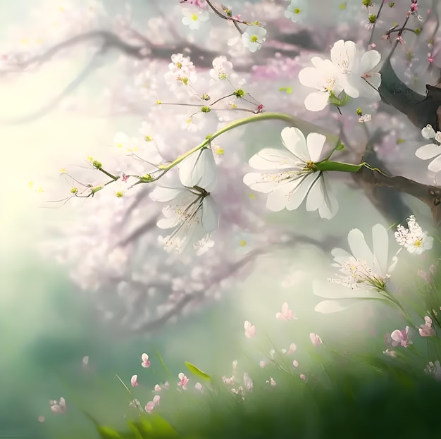 un albero con fiori bianchi e uno sfondo verde