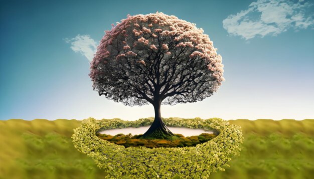 un albero con fiori rosa al centro