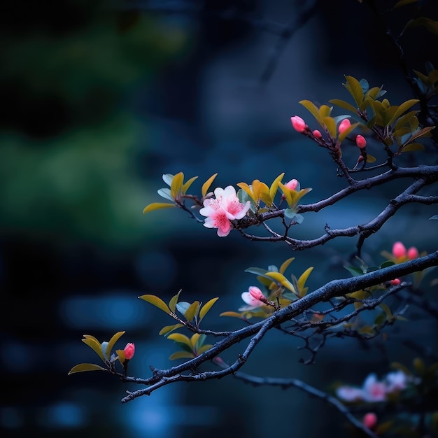 Un albero con fiori rosa e foglie verdi