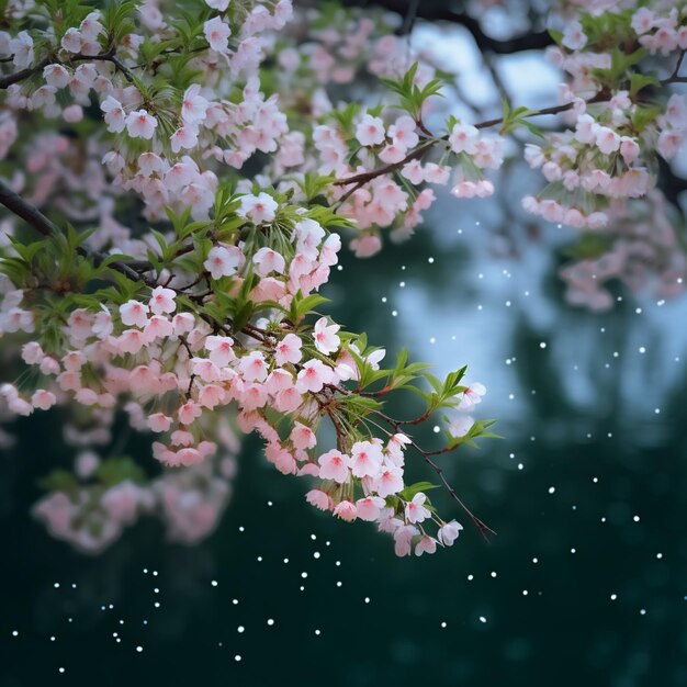 Un albero con fiori rosa e la parola primavera su di esso