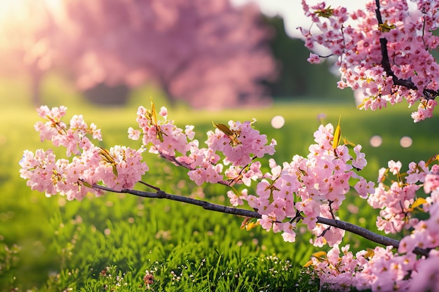 Un albero con fiori rosa in primo piano con un albero rosa sullo sfondo