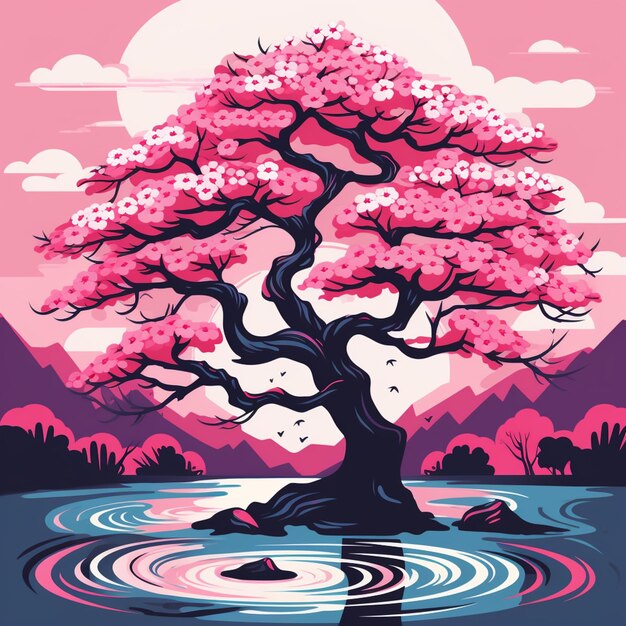 un albero con fiori rosa in un lago con le montagne sullo sfondo generativo ai