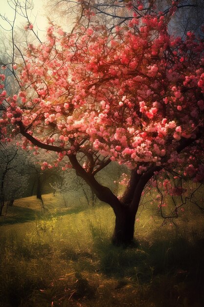 Un albero con fiori rosa nel mezzo di una foresta.