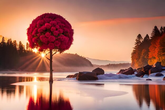 Un albero con fiori rosa nell'acqua al tramonto