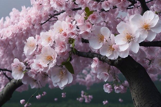 Un albero con fiori rosa su di esso