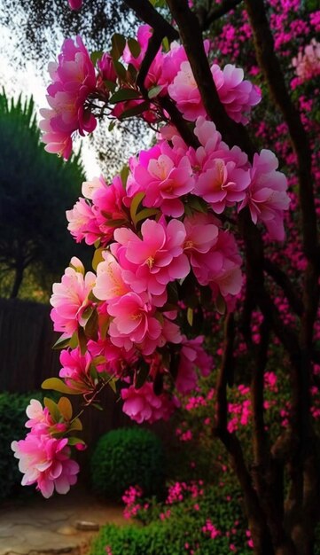 Un albero con fiori rosa.