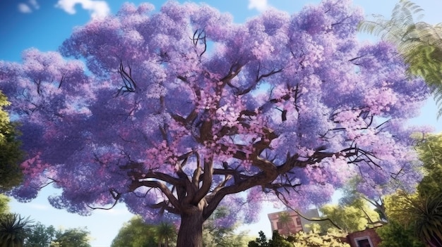 Un albero con fiori viola al centro