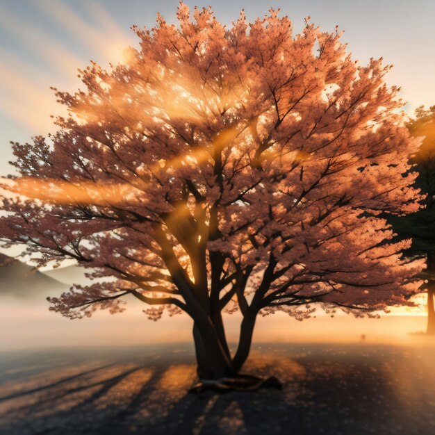 Un albero con foglie rosa e il sole che splende tra le nuvole.