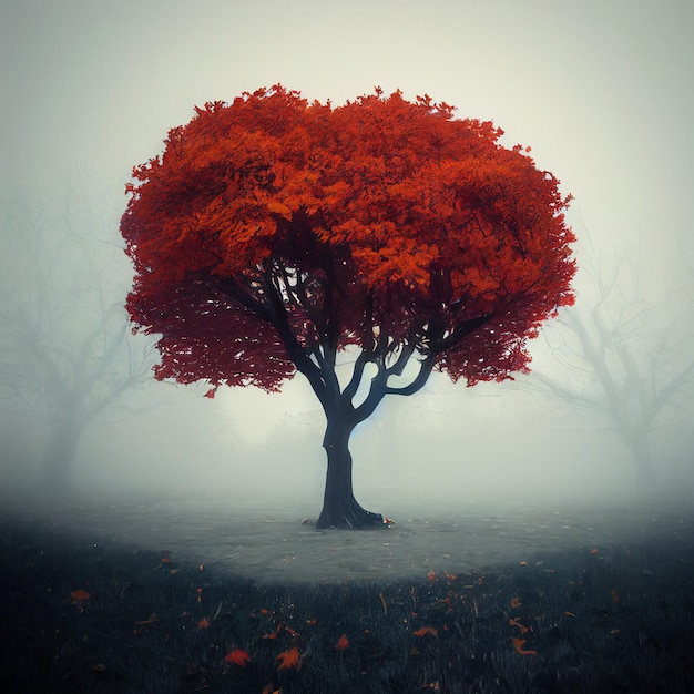 Un albero con foglie rosse nel mezzo di un campo nebbioso