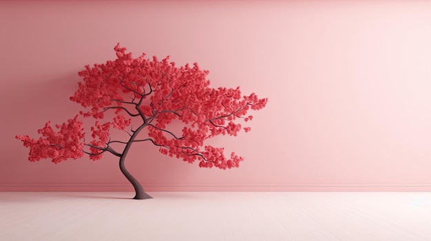 Un albero con foglie rosse su uno sfondo rosa