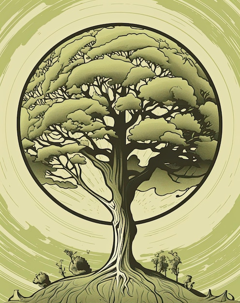 Un albero con foglie verdi a forma di cerchio su uno sfondo chiaro Concetto di cura del pianeta Terra IA generativa