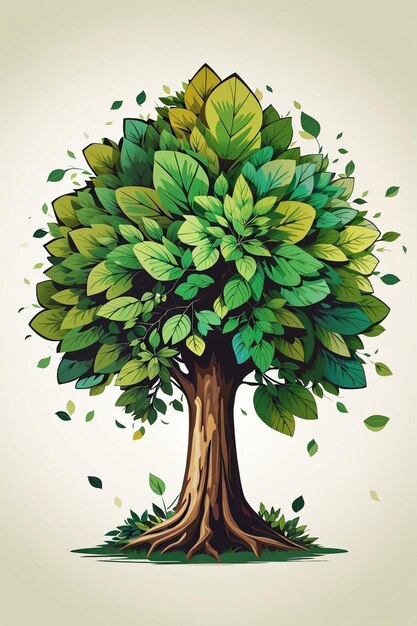 un albero con foglie verdi e un'illustrazione ad acquerello di un albero.