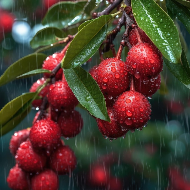 Un albero con frutti rossi sotto la pioggia