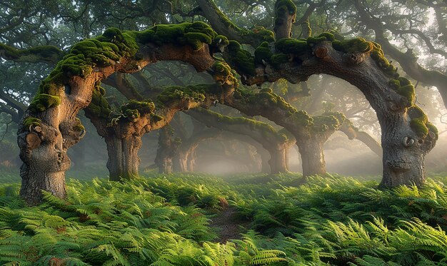 un albero con il muschio su di esso e il sole che splende attraverso le foglie