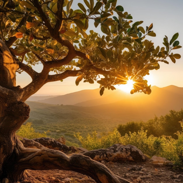 un albero con il sole che splende attraverso di esso