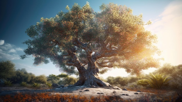 Un albero con il sole che splende su di esso