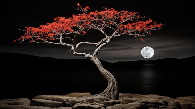 Un albero con la luna piena sullo sfondo