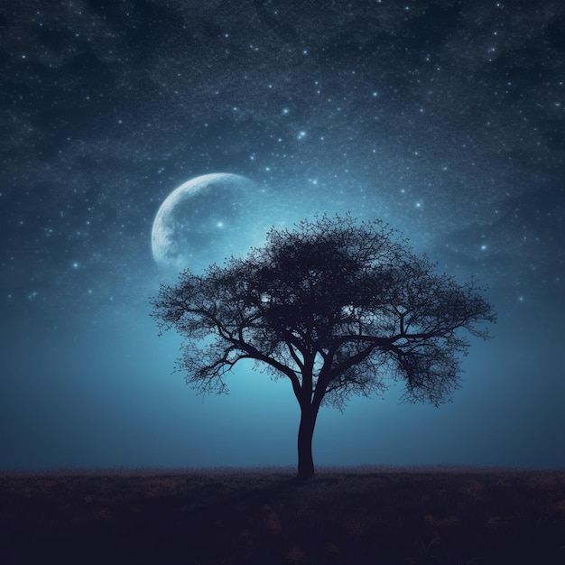 Un albero con la luna sullo sfondo