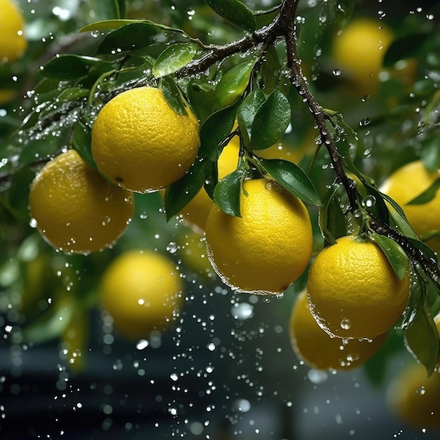 Un albero con limoni e foglie con gocce di pioggia su di esso.