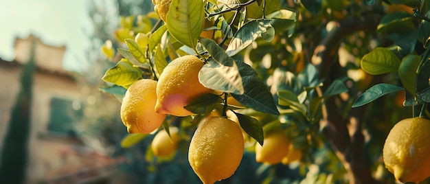 Un albero con limoni maturi in un giardino mediterraneo AI generativa