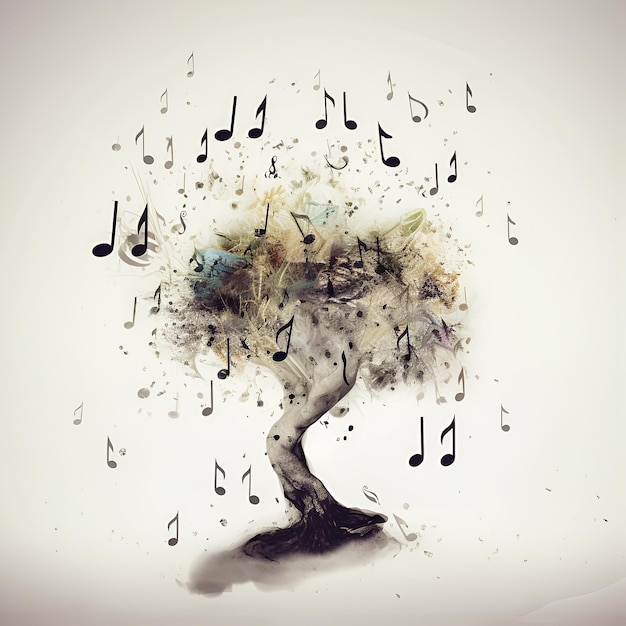 Un albero con note musicali e un albero con note musicali sopra.