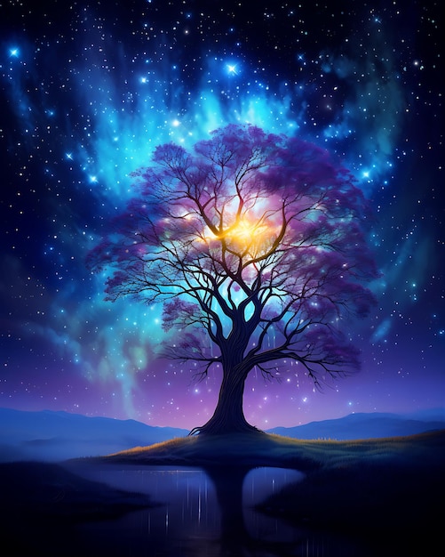 Un albero con sfondo viola e blu con stelle