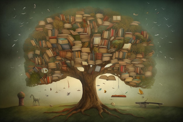 Un albero con sopra dei libri che è scritto nel mezzo