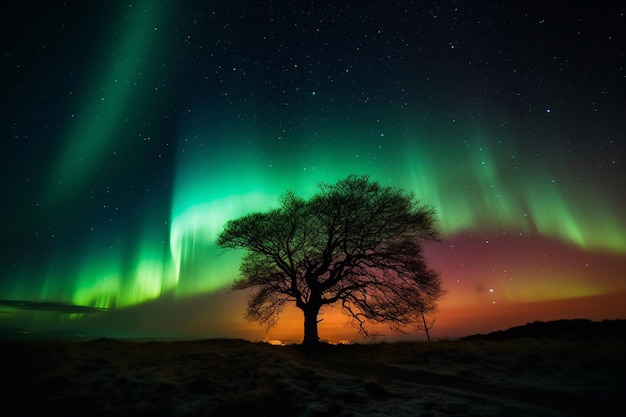 Un albero con sopra l'aurora boreale