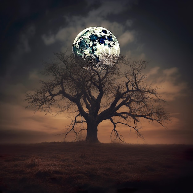 Un albero con sopra la luna e la terra