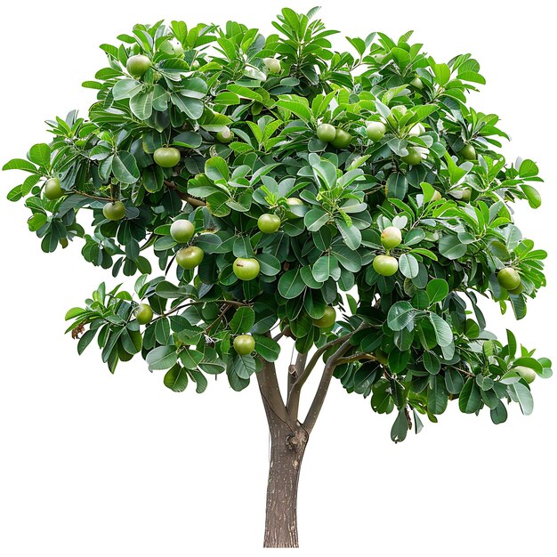Un albero con un albero con frutta verde e foglie su di esso
