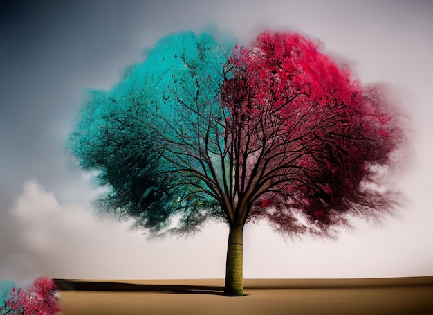 Un albero con un albero rosso e blu nel mezzo