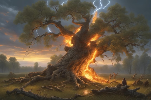un albero con un fulmine nel cielo