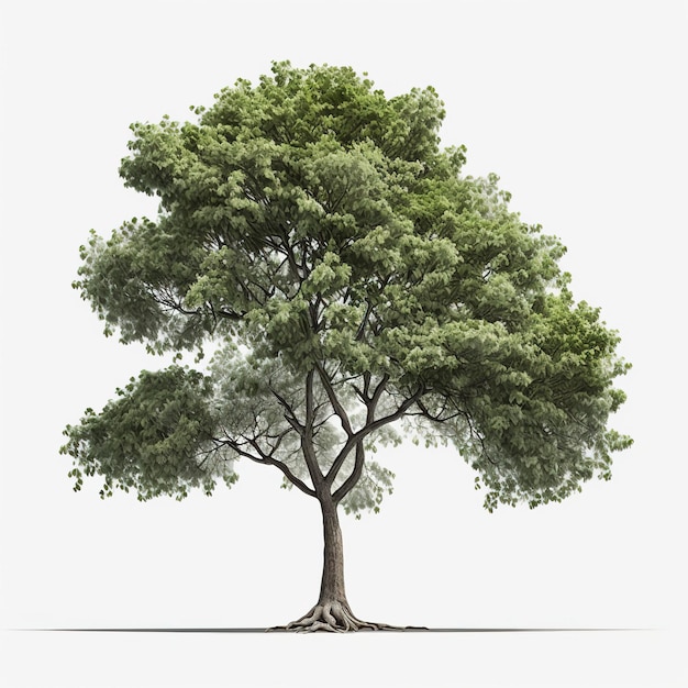 Un albero con un grande tronco e foglie isolati su sfondo bianco