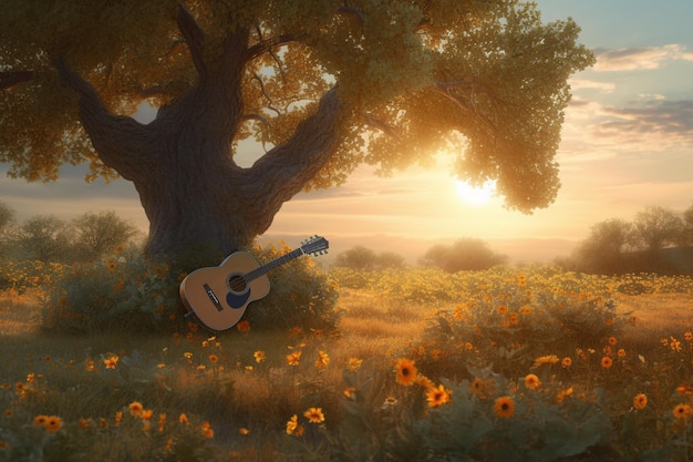 Un albero con una chitarra in un campo di fiori