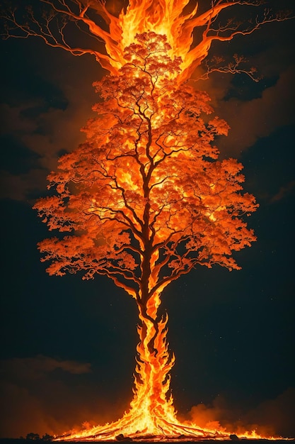 Un albero con una fiamma sopra è illuminato dal cielo notturno.