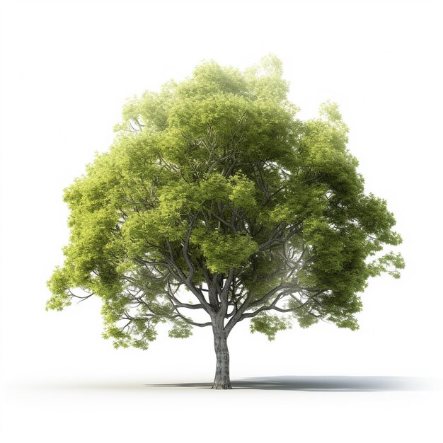 Un albero con una foglia verde e uno sfondo bianco