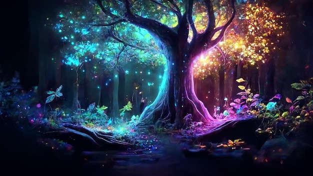 Un albero con una luce arcobaleno nel mezzo di esso generativo ai