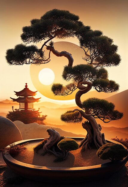 un albero con una pagoda sullo sfondo