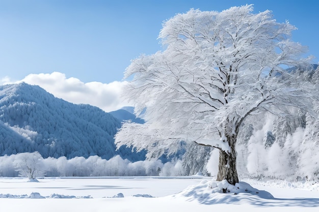 Un albero coperto di neve