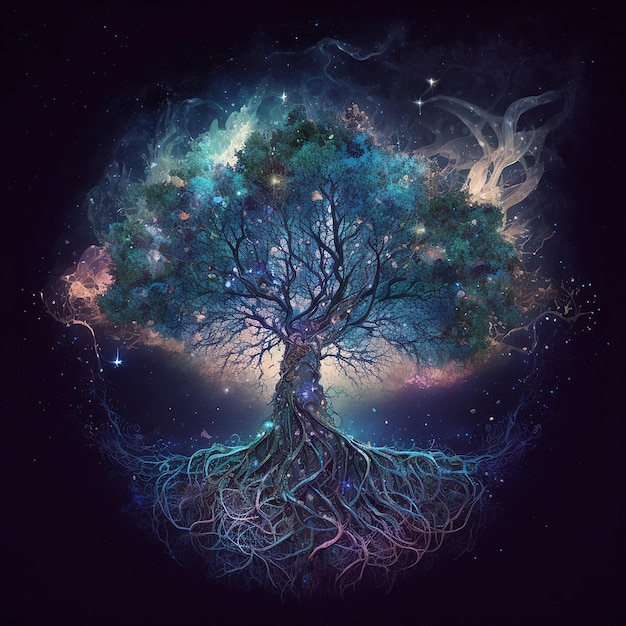 Un albero cosmico della vita che genera l'universo e l'umanità fotografia AI Generated Image