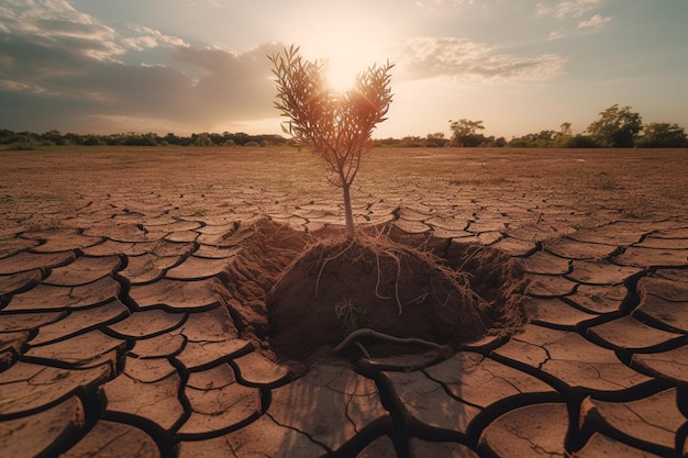 Un albero cresce in un terreno incrinato, incrinato, incrinato, incrinato, incrinato e incrinato.