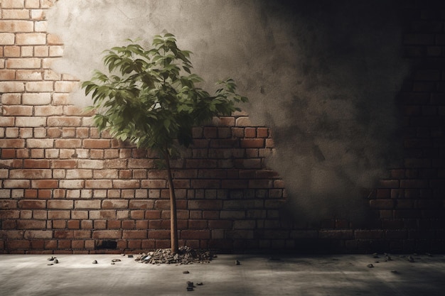 Un albero cresce in una stanza buia con dietro un muro di mattoni.