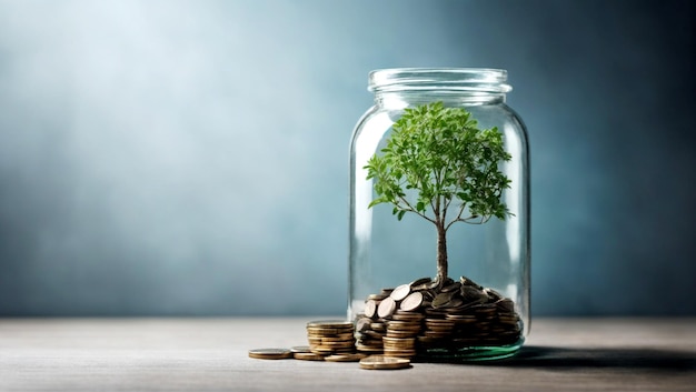 un albero cresce su una moneta in un barattolo di vetro con spazio di copia generato da ai