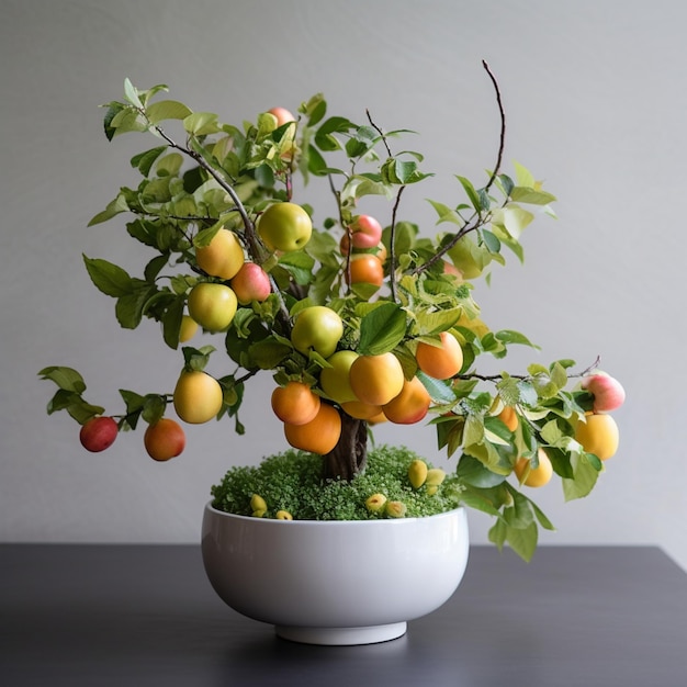 Un albero dei bonsai con la frutta su esso è in una ciotola bianca.