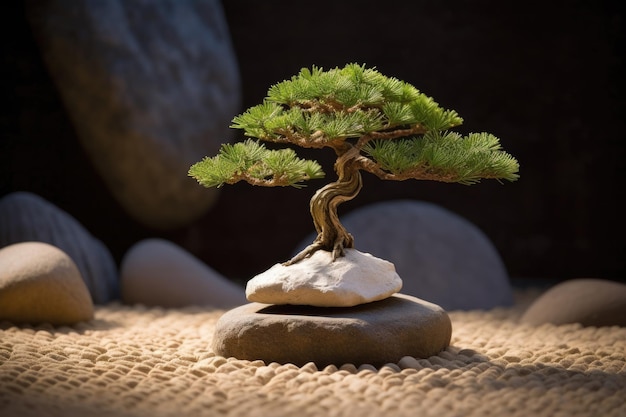 Un albero dei bonsai si siede su una roccia nel deserto.