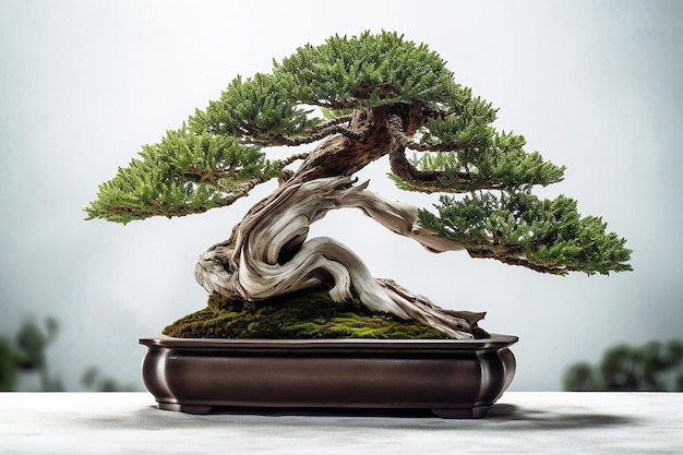 Un albero dei bonsai viene visualizzato in una pentola su un tavolo.