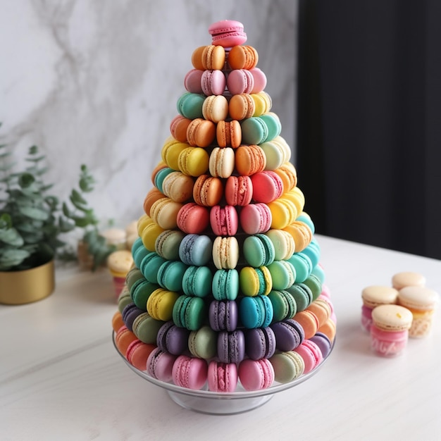 Un albero di amaretti color arcobaleno è su un tavolo accanto a un cupcake.