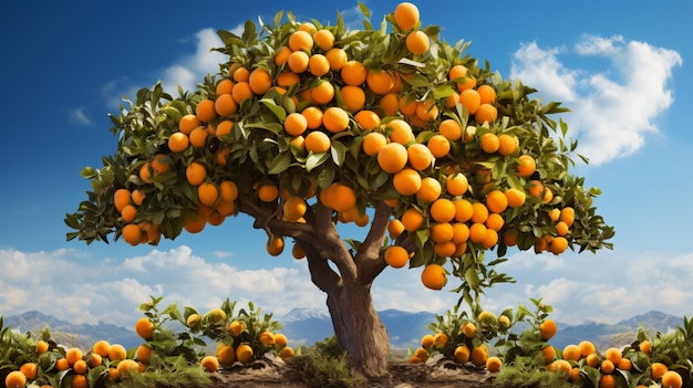Un albero di arancio sui cui rami crescono le arance