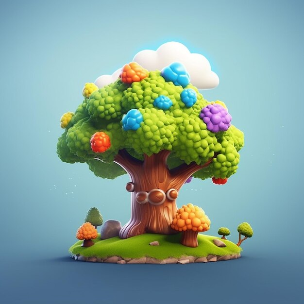 Un albero di cartoni animati con molte nuvole colorate su di esso