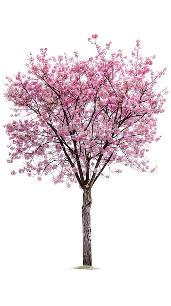 Un albero di ciliegio rosa vibrante su uno sfondo bianco